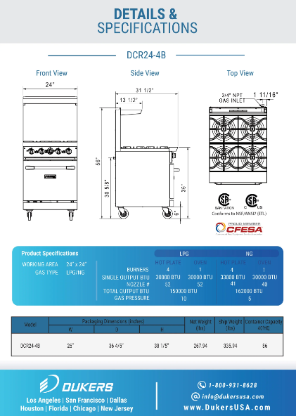 Dukers DCR24-4B 24" Gas Range with Four (4) Open Burners
