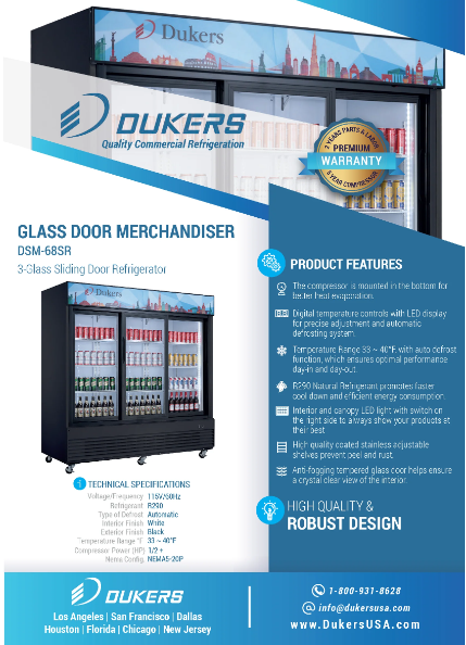 Dukers DSM-68SR Commercial Glass Sliding 3-Door Merchandiser Refrigerator