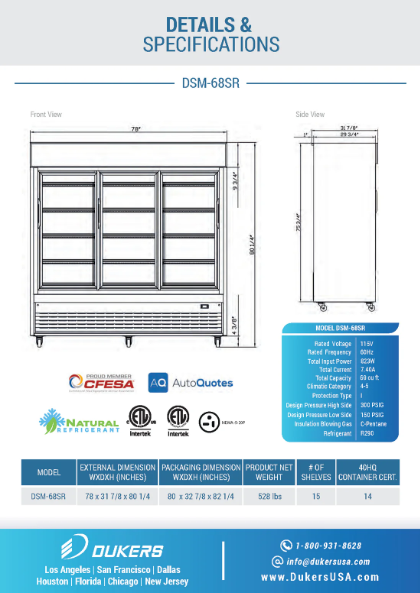 Dukers DSM-68SR Commercial Glass Sliding 3-Door Merchandiser Refrigerator