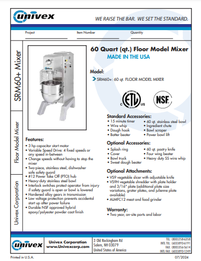 Univex SRM60 Planetary Mixer 60 qt
