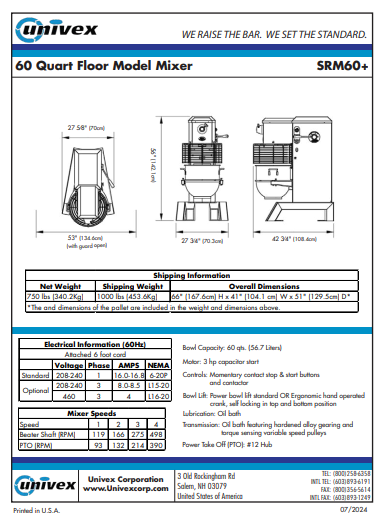 Univex SRM60 Planetary Mixer 60 qt