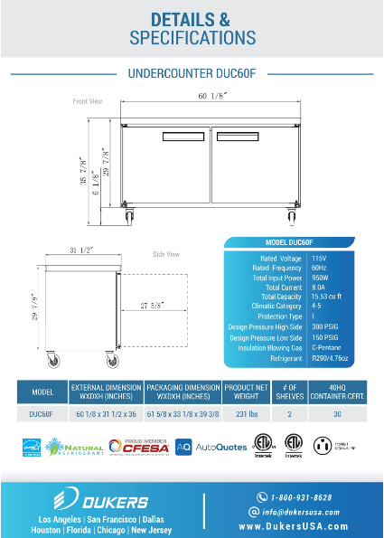 Dukers DUC60F 2-Door Undercounter Commercial Freezer in Stainless Steel