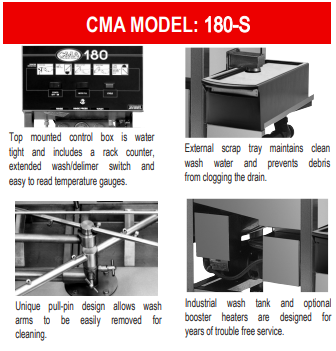 CMA Dishmachines- 180-SB Straight High Temp 60 racks per hour  220V/60Hz with built in Booster