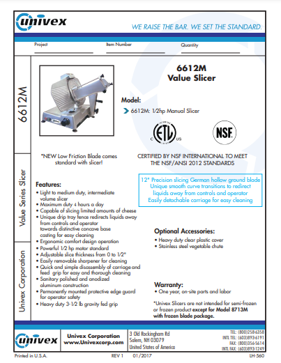 Univex 6612M – Manual Meat/ Deli Slicer 12" Blade