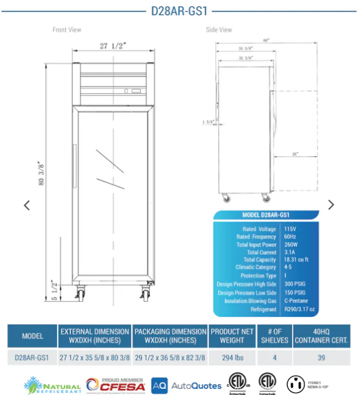 Dukers D28AR-GS1 Top Mount Single Glass Door Commercial Reach-in Refrigerator