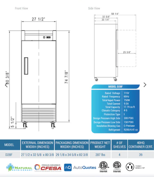 Dukers D28F Single Door Commercial Freezer in Stainless Steel