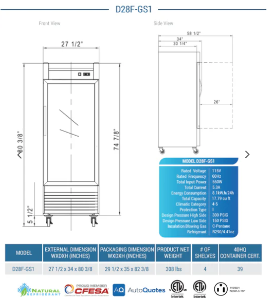 Dukers D28F-GS1 Bottom Mount Glass Single Door Commercial Reach-in Freezer