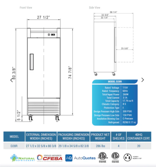 Dukers D28R Single Door Commercial Refrigerator in Stainless Steel