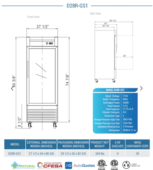 Dukers D28R-GS1 Bottom Mount Glass Single Door Commercial Reach-in Refrigerator