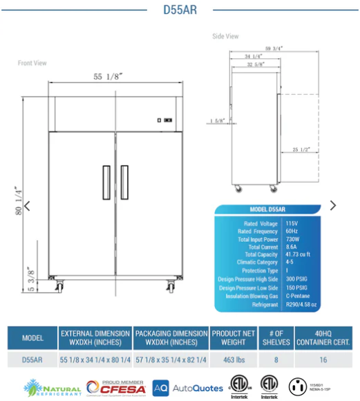 Dukers D55AR Commercial 2-Door Top Mount Refrigerator in Stainless Steel