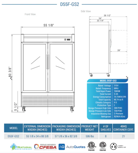 Dukers D55F-GS2 Bottom Mount Glass 2-Door Commercial Reach-in Freezer