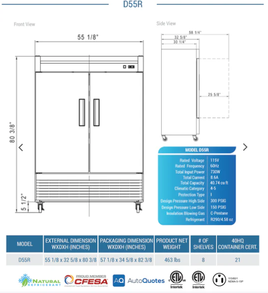 D55R 2-Door Commercial Refrigerator in Stainless Steel