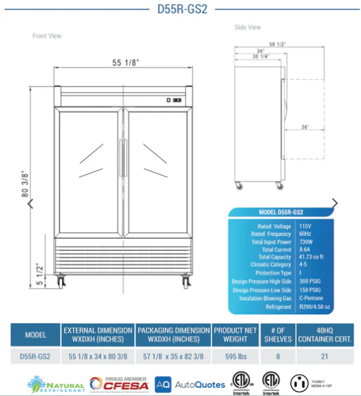 Dukers D55R-GS2 Bottom Mount Glass 2-Door Commercial Reach-in Refrigerator