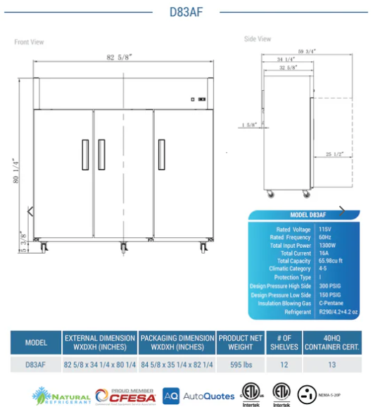 Dukers D83AF Commercial 3-Door Top Mount Freezer in Stainless Steel