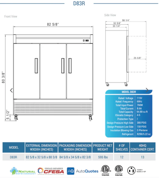 D83R 3-Door Commercial Refrigerator in Stainless Steel