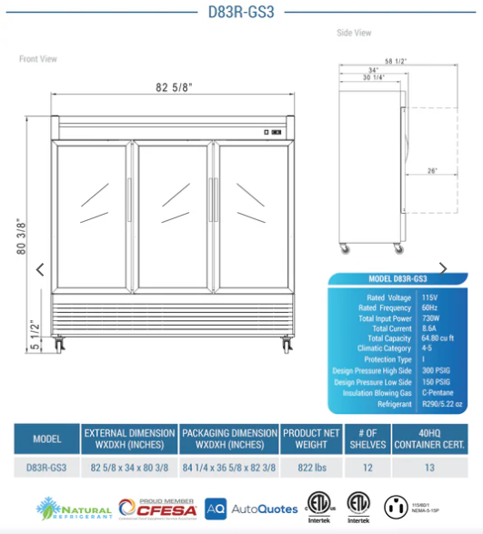 Dukers D83R-GS3 Bottom Mount Glass 3-Door Commercial Reach-in Refrigerator