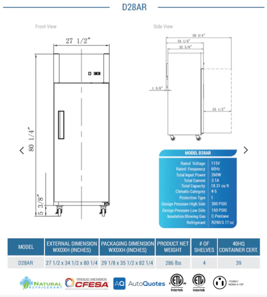 Dukers D28AR Commercial Single Door Top Mount Refrigerator in Stainless Steel