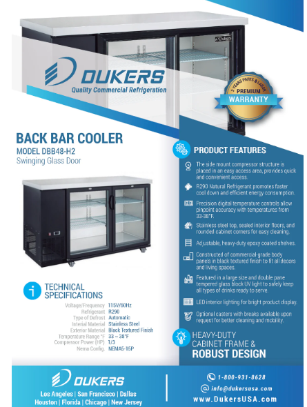 Dukers DBB48-H2 2-Door Back Bar Beverage Cooler (Hinge Doors)