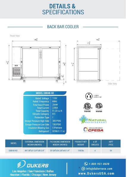 Dukers DBB48-H2 2-Door Back Bar Beverage Cooler (Hinge Doors)