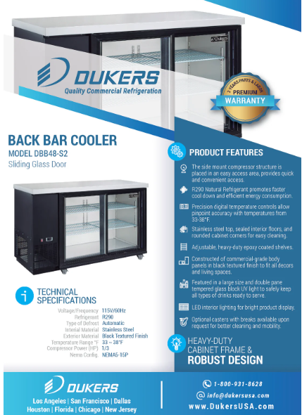 Dukers DBB48-S2 2-Door Back Bar Beverage Cooler (Sliding Doors)