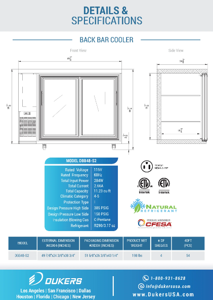 Dukers DBB48-S2 2-Door Back Bar Beverage Cooler (Sliding Doors)