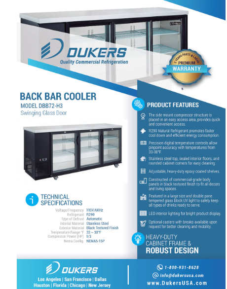 Dukers  DBB72-H3 3 Door Back Bar Beverage Cooler (Hinge Doors)