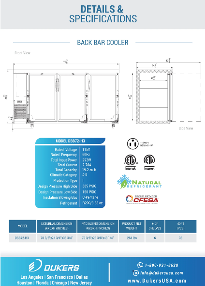 Dukers  DBB72-H3 3 Door Back Bar Beverage Cooler (Hinge Doors)