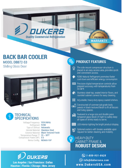 Dukers DBB72-S3 3 Door Back Bar Beverage Cooler (Sliding Doors)