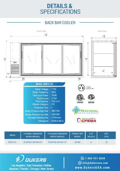 Dukers DBB72-S3 3 Door Back Bar Beverage Cooler (Sliding Doors)