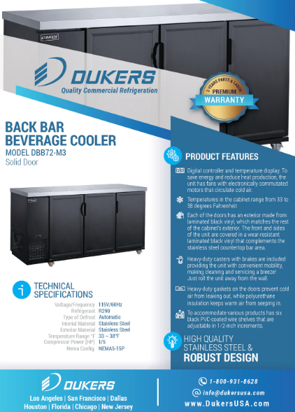 Dukers DBB72-M3 3-Door Back Bar Beverage Cooler (Solid Doors)