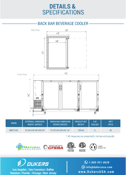 Dukers DBB72-M3 3-Door Back Bar Beverage Cooler (Solid Doors)