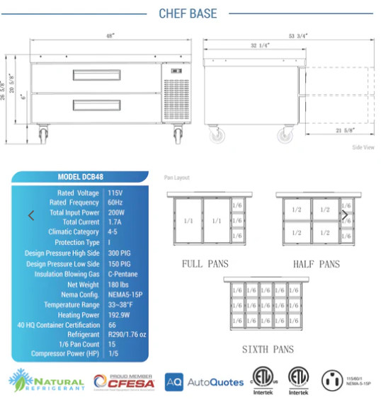 Dukers DCB48-D2 Chef Base Refrigerator with 2 Drawers