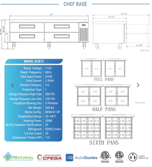 DCB72-D4 Chef Base Refrigerator with 4 Drawers