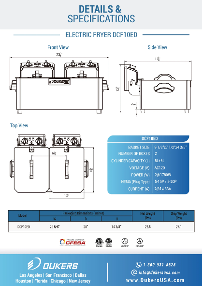 Dukers DCF10ED 20lb Two Basket Electric Countertop Fryer
