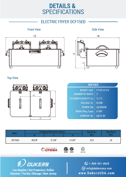Dukers DCF15ED 30lb Two Basket Electric Countertop Fryer