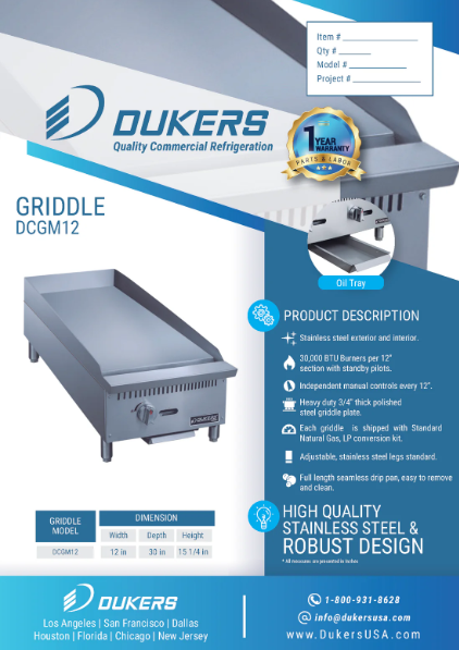 Dukers DCGM12 12" Griddle with 1 Burners