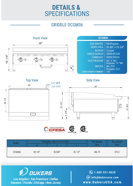 Dukers DCGM36 36" Griddle with 3 Burners