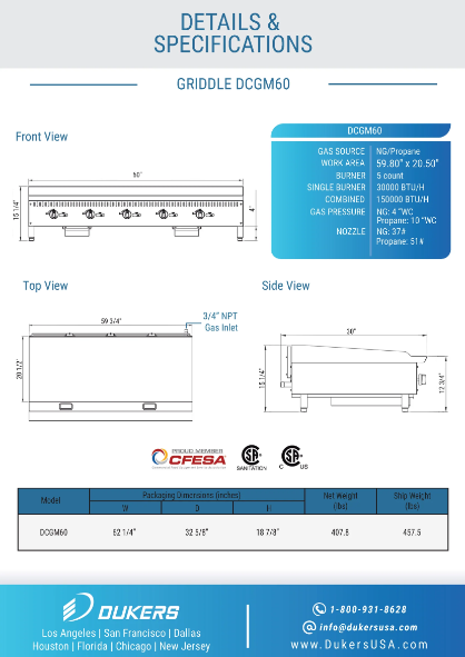 Dukers DCGM60 60" Griddle with 5 Burners