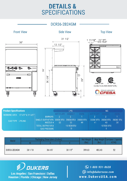 Dukers DCR36-2B24GM 36" Gas Range with Two (2) Open Burners & 24" Griddle