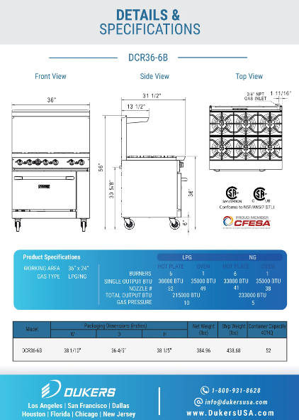 Dukers DCR36-6B 36" Gas Range with Six (6) Open Burners