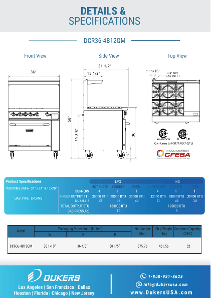 Dukers DCR36-4B12GM 36" Gas Range with Four (4) Open Burners & 12" Griddle