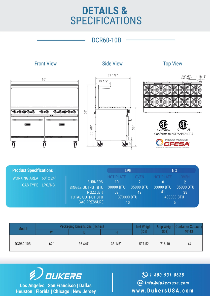 Dukers DCR60-10B 60" Gas Range with Ten (10) Open Burners