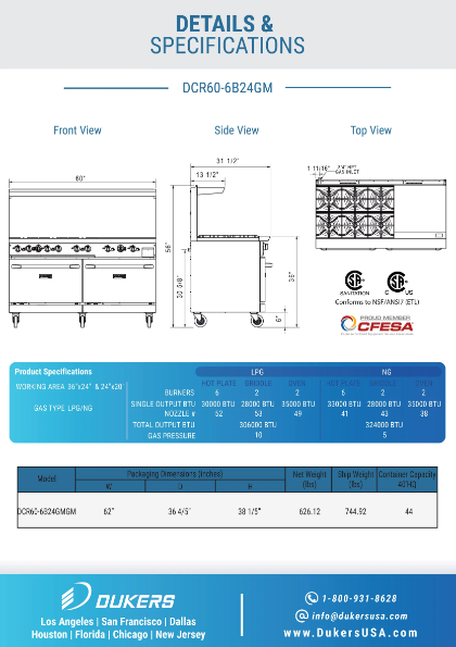 Dukers DCR60-6B24GM 60" Gas Range with Six (6) Open Burners & 24" Griddle