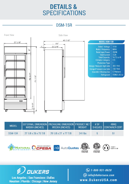 Dukers DSM-15R Commercial Single Glass Swing Door Merchandiser Refrigerator