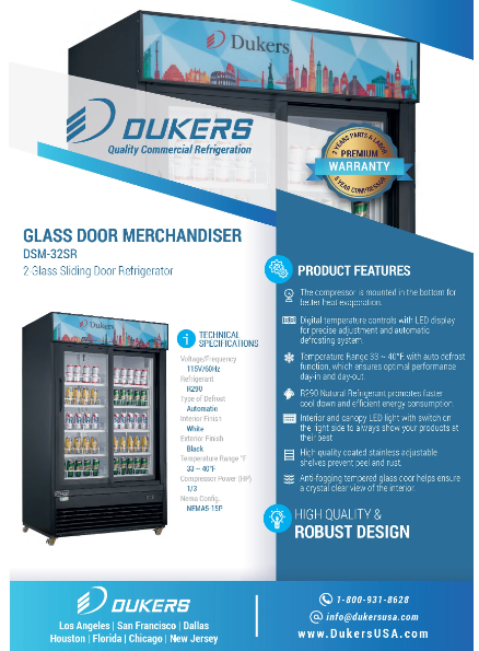 Dukers DSM-32SR Commercial Glass Sliding 2-Door Merchandiser Refrigerator