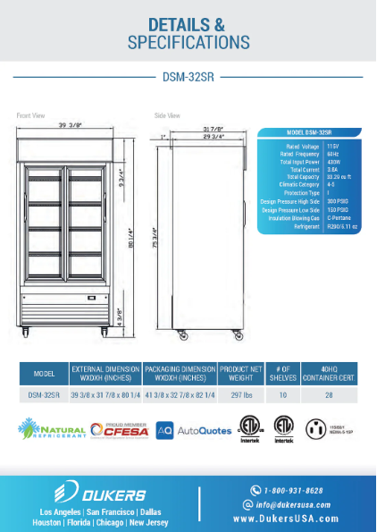 Dukers DSM-32SR Commercial Glass Sliding 2-Door Merchandiser Refrigerator