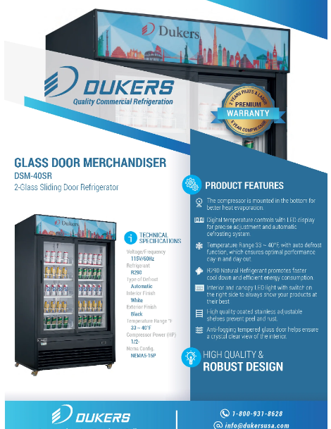 Dukers DSM-40SR Commercial Glass Sliding 2-Door Merchandiser Refrigerator in Black