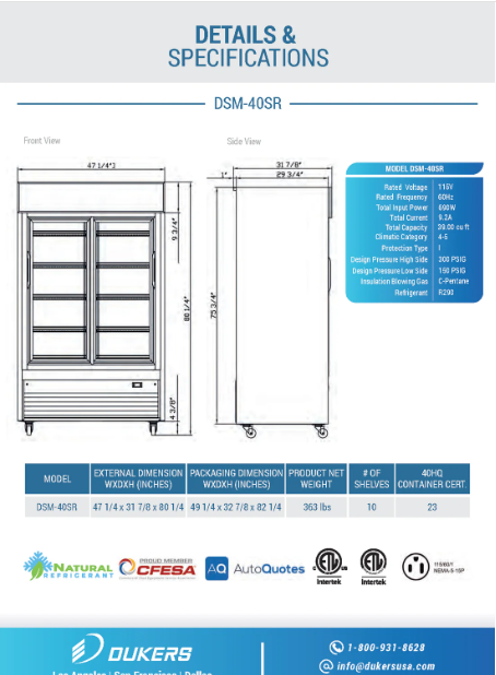 Dukers DSM-40SR Commercial Glass Sliding 2-Door Merchandiser Refrigerator in Black