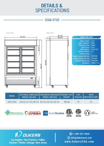 Dukers DSM-47SR Commercial Glass Sliding 2-Door Merchandiser Refrigerator in Black