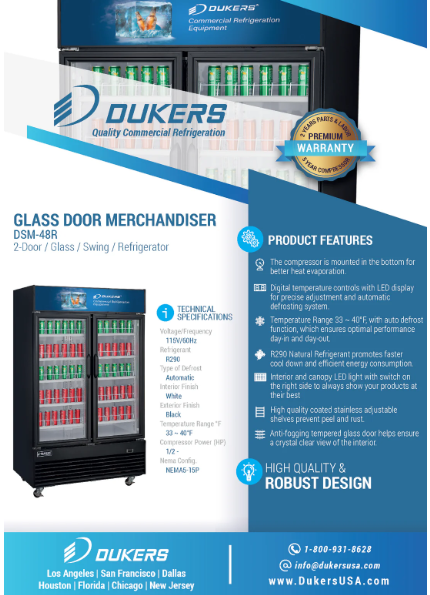 Dukers DSM-48R Commercial Glass Swing 2-Door Merchandiser Refrigerator in Black